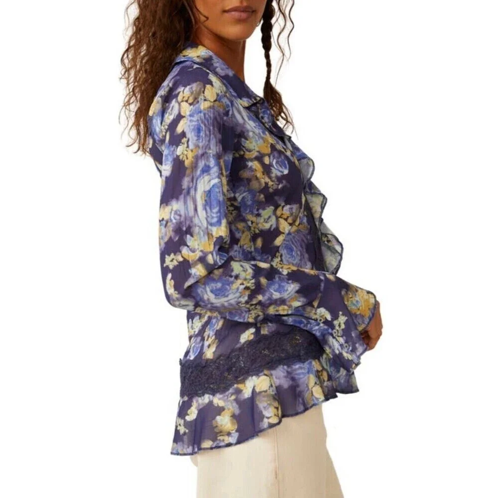 Free People Bad at Love Blouse Sheer Floral Ruffle Sleeve Lace Boho Fairy Whimsy